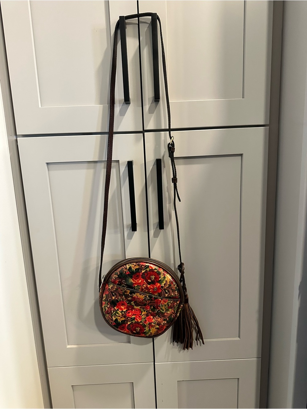 Patricia Nash Red Floral Round Crossbody with Tassel